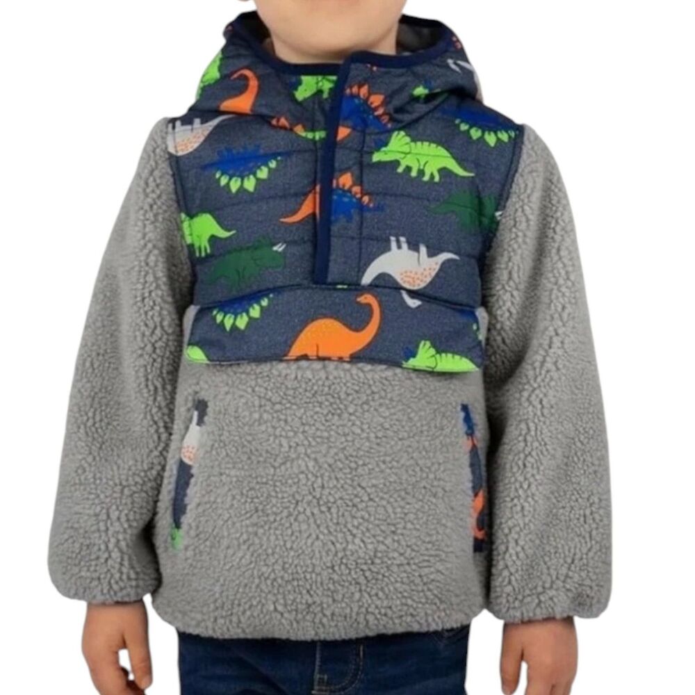 1 Madison Dinosaur Sherpa Shearling Jacket Pullover Hooded Gray 4T